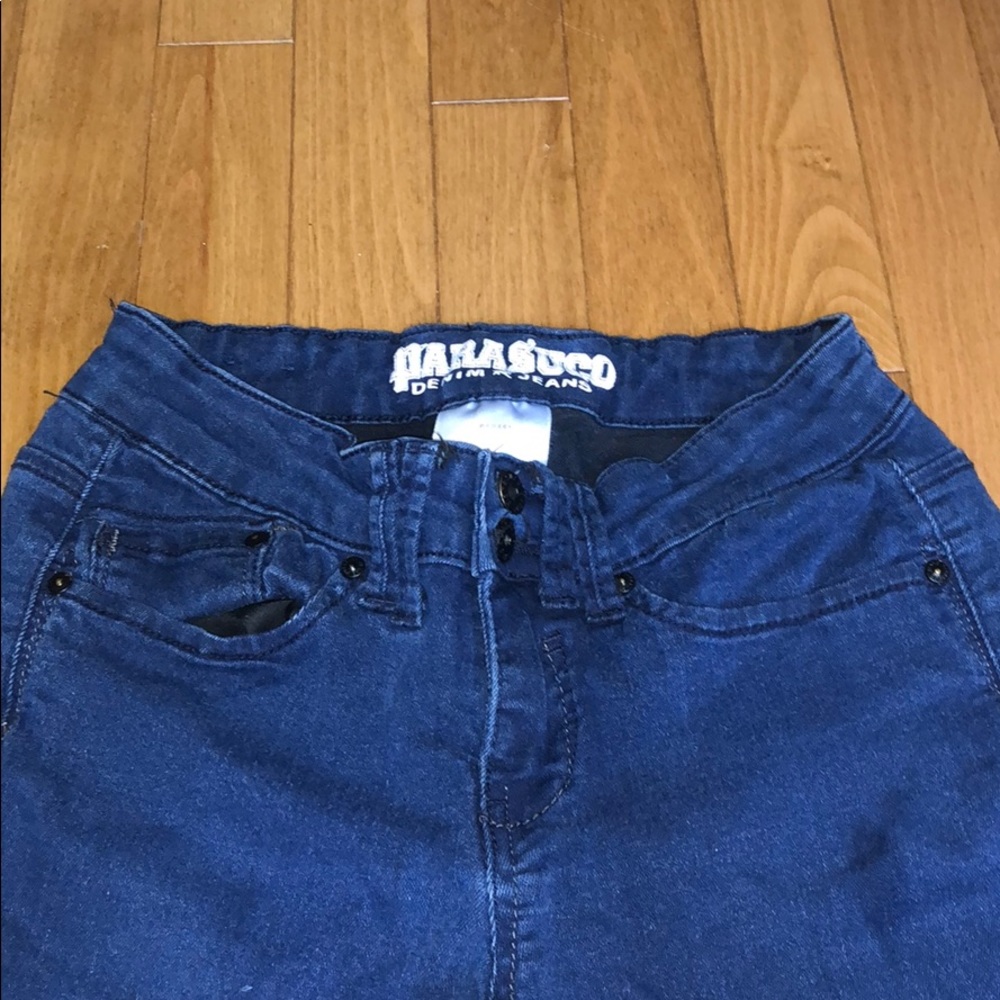 High waisted navy blue jeans